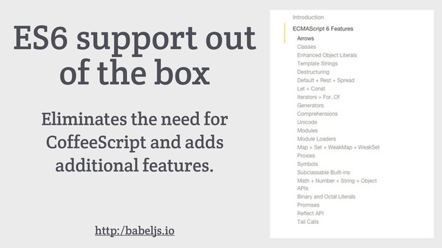 ES6 support out
of the box
Eliminates the need for
CoffeeScript and adds
additional features.
http:/babeljs.io
