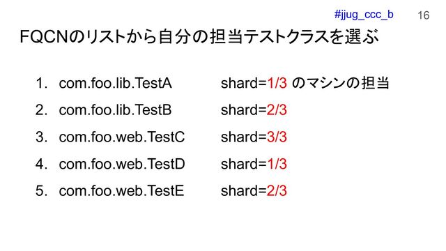 #jjug_ccc_b
FQCNのリストから自分の担当テストクラスを選ぶ
16
1. com.foo.lib.TestA
2. com.foo.lib.TestB
3. com.foo.web.TestC
4. com.foo.web.TestD
5. com.foo.web.TestE
shard=1/3 のマシンの担当
shard=2/3
shard=3/3
shard=1/3
shard=2/3
