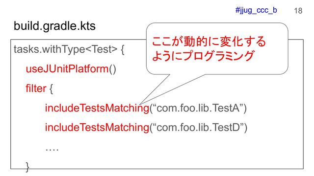 #jjug_ccc_b
build.gradle.kts
tasks.withType {
useJUnitPlatform()
filter {
includeTestsMatching(“com.foo.lib.TestA”)
includeTestsMatching(“com.foo.lib.TestD”)
….
}
18
ここが動的に変化する
ようにプログラミング
