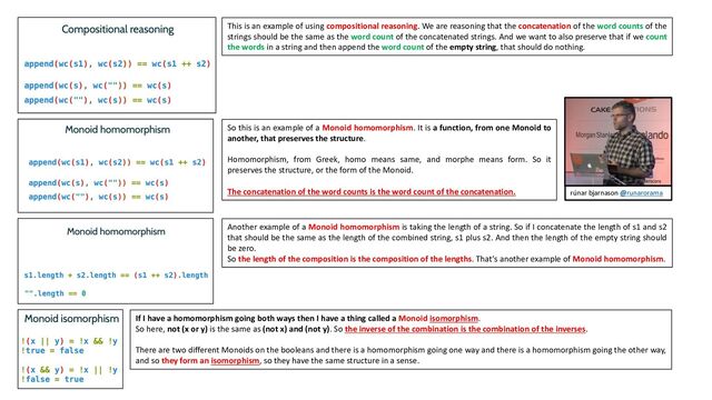 This is an example of using compositional reasoning. We are reasoning that the concatenation of the word counts of the
strings should be the same as the word count of the concatenated strings. And we want to also preserve that if we count
the words in a string and then append the word count of the empty string, that should do nothing.
So this is an example of a Monoid homomorphism. It is a function, from one Monoid to
another, that preserves the structure.
Homomorphism, from Greek, homo means same, and morphe means form. So it
preserves the structure, or the form of the Monoid.
The concatenation of the word counts is the word count of the concatenation.
Another example of a Monoid homomorphism is taking the length of a string. So if I concatenate the length of s1 and s2
that should be the same as the length of the combined string, s1 plus s2. And then the length of the empty string should
be zero.
So the length of the composition is the composition of the lengths. That’s another example of Monoid homomorphism.
If I have a homomorphism going both ways then I have a thing called a Monoid isomorphism.
So here, not (x or y) is the same as (not x) and (not y). So the inverse of the combination is the combination of the inverses.
There are two different Monoids on the booleans and there is a homomorphism going one way and there is a homomorphism going the other way,
and so they form an isomorphism, so they have the same structure in a sense.
rúnar bjarnason @runarorama
