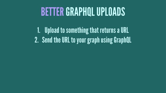 BETTER GRAPHQL UPLOADS
1. Upload to something that returns a URL
2. Send the URL to your graph using GraphQL
