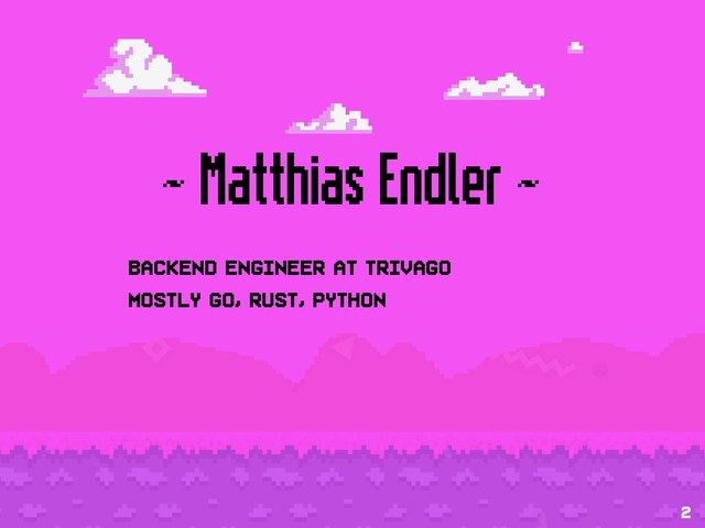 ~ Matthias Endler ~
Backend engineer at trivago
Mostly Go, Rust, Python
2
