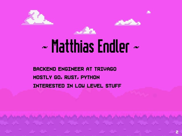 ~ Matthias Endler ~
Backend engineer at trivago
Mostly Go, Rust, Python
Interested in low level stuff
2
