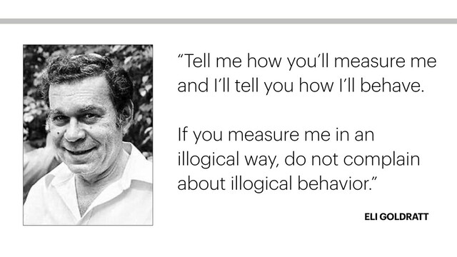 ELI GOLDRATT
“Tell me how you’ll measure me
and I’ll tell you how I’ll behave.
If you measure me in an
illogical way, do not complain
about illogical behavior.”
