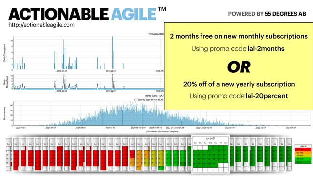 ACTIONABLE AGILE POWERED BY 55 DEGREES AB
TM
http://actionableagile.com
2 months free on new monthly subscriptions
20% oﬀ of a new yearly subscription
Using promo code lal-2months
Using promo code lal-20percent
OR
