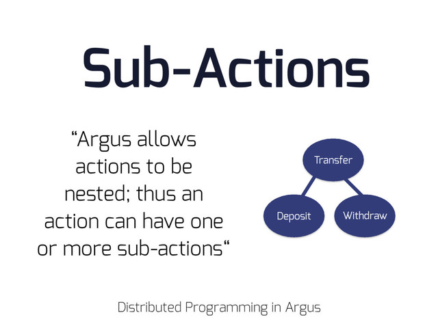 Sub-Actions
“Argus allows
actions to be
nested; thus an
action can have one
or more sub-actions“
Distributed Programming in Argus
Transfer
Deposit Withdraw
