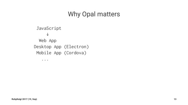 Why Opal matters
JavaScript
↓
Web App
Desktop App (Electron)
Mobile App (Cordova)
...
RubyKaigi 2017 (19, Sep) 13
