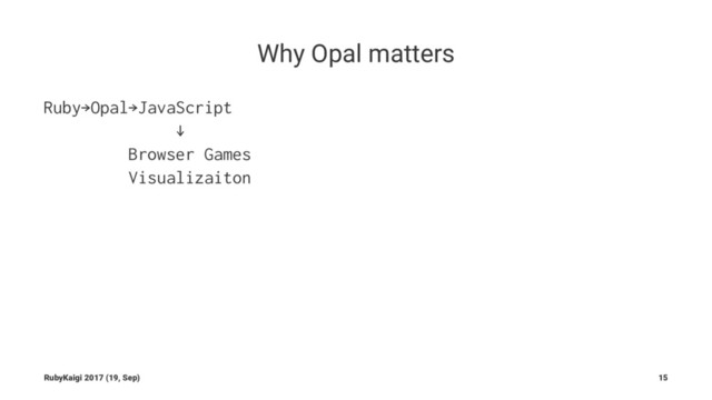 Why Opal matters
Ruby→Opal→JavaScript
↓
Browser Games
Visualizaiton
RubyKaigi 2017 (19, Sep) 15
