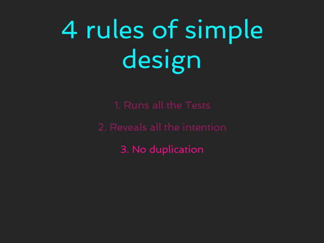 4 rules of simple
design
1. Runs all the Tests
2. Reveals all the intention
3. No duplication
