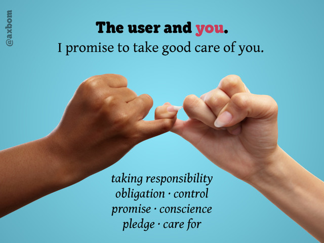 @axbom
The user and you.
I promise to take good care of you.
taking responsibility
obligation · control
promise · conscience
pledge · care for
