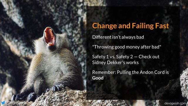 Change and Failing Fast
Different isn’t always bad
"Throwing good money after bad"
Safety 1 vs. Safety 2 — Check out
Sidney Dekker's works
Remember: Pulling the Andon Cord is
Good
@ChrisShort devopsish.com
