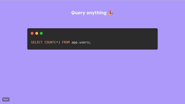 Query anything
🎉
SELECT COUNT(*) FROM app.users;
