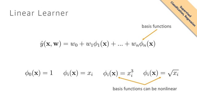 Linear Learner
basis functions
basis functions can be nonlinear
Supervised
Classification, Regression
