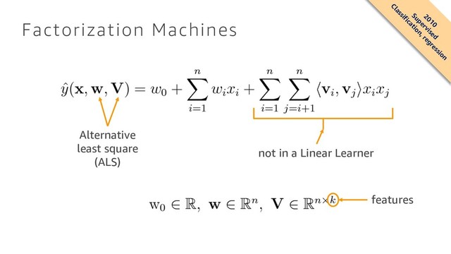 Factorization Machines
not in a Linear Learner
2010
Supervised
Classification, regression
Alternative
least square
(ALS)
features
