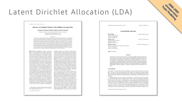 Latent Dirichlet Allocation (LDA)
Copyright  2000 by the Genetics Society of America
Inference of Population Structure Using Multilocus Genotype Data
Jonathan K. Pritchard, Matthew Stephens and Peter Donnelly
Department of Statistics, University of Oxford, Oxford OX1 3TG, United Kingdom
Manuscript received September 23, 1999
Accepted for publication February 18, 2000
ABSTRACT
We describe a model-based clustering method for using multilocus genotype data to infer population
structure and assign individuals to populations. We assume a model in which there are K populations
(where K may be unknown), each of which is characterized by a set of allele frequencies at each locus.
Individuals in the sample are assigned (probabilistically) to populations, or jointly to two or more popula-
tions if their genotypes indicate that they are admixed. Our model does not assume a particular mutation
process, and it can be applied to most of the commonly used genetic markers, provided that they are not
closely linked. Applications of our method include demonstrating the presence of population structure,
assigning individuals to populations, studying hybrid zones, and identifying migrants and admixed individu-
als. We showthat the method can produce highlyaccurate assignments using modest numbers of loci—e.g.,
seven microsatellite loci in an example using genotype data from an endangered bird species. The software
used for this article is available from http:// www.stats.ox.ac.uk/ zpritch/ home.html.
IN applications of population genetics, it is often use- populationsbased on these subjective criteria represents
a natural assignment in genetic terms, and it would be
ful to classify individuals in a sample into popula-
tions. In one scenario, the investigator begins with a useful to be able to conﬁrm that subjective classiﬁcations
are consistent with genetic information and hence ap-
sample of individuals and wants to say something about
the properties of populations. For example, in studies propriate for studying the questions of interest. Further,
there are situations where one is interested in “cryptic”
of human evolution, the population is often considered
to be the unit of interest, and a great deal of work has population structure—i.e., population structure that is
difﬁcult to detect using visible characters, but may be
focused on learning about the evolutionary relation-
ships of modern populations (e.g., Caval l i et al. 1994). signiﬁcant in genetic terms. For example, when associa-
tion mapping is used to ﬁnd disease genes, the presence
In a second scenario, the investigator begins with a set
of predeﬁned populations and wishes to classifyindivid- of undetected population structure can lead to spurious
associations and thus invalidate standard tests (Ewens
uals of unknown origin. This type of problem arises
in many contexts (reviewed by Davies et al. 1999). A and Spiel man 1995). The problem of cryptic population
structure also arises in the context of DNA ﬁngerprint-
standard approach involves sampling DNA from mem-
bers of a number of potential source populations and ing for forensics, where it is important to assess the
degree of population structure to estimate the probabil-
using these samples to estimate allele frequencies in
ity of false matches (Bal ding and Nich ol s 1994, 1995;
each population at a series of unlinked loci. Using the
For eman et al. 1997; Roeder et al. 1998).
estimated allele frequencies, it is then possible to com-
Pr it ch ar d and Rosenber g (1999) considered how
pute the likelihood that a given genotype originated in
genetic information might be used to detect the pres-
each population. Individuals of unknown origin can be
ence of cryptic population structure in the association
assigned to populations according to these likelihoods
mapping context. More generally, one would like to be
Paet kau et al. 1995; Rannal a and Mount ain 1997).
able to identify the actual subpopulations and assign
In both situations described above, a crucial ﬁrst step
individuals (probabilistically) to these populations. In
is to deﬁne a set of populations. The deﬁnition of popu-
this article we use a Bayesian clustering approach to
lations is typically subjective, based, for example, on
tackle this problem. We assume a model in which there
linguistic, cultural, or physical characters, as well as the
are K populations (where K may be unknown), each of
geographic location of sampled individuals. This subjec-
which is characterized by a set of allele frequencies at
tive approach is usually a sensible way of incorporating
each locus. Our method attempts to assign individuals
diverse types of information. However, it maybe difﬁcult
to populations on the basis of their genotypes, while
to know whether a given assignment of individuals to
simultaneously estimating population allele frequen-
cies. The method can be applied to various types of
markers [e.g., microsatellites, restriction fragment
Corresponding author: Jonathan Pritchard, Department of Statistics,
length polymorphisms (RFLPs), or single nucleotide
University of Oxford, 1 S. Parks Rd., Oxford OX1 3TG, United King-
dom. E-mail: pritch@stats.ox.ac.uk polymorphisms (SNPs)], but it assumes that the marker
Genetics 155: 945–959 ( June 2000)
Journal of Machine Learning Research 3 (2003) 993-1022 Submitted 2/02; Published 1/03
Latent Dirichlet Allocation
David M. Blei BLEI@CS.BERKELEY.EDU
Computer Science Division
University of California
Berkeley, CA 94720, USA
Andrew Y. Ng ANG@CS.STANFORD.EDU
Computer Science Department
Stanford University
Stanford, CA 94305, USA
Michael I. Jordan JORDAN@CS.BERKELEY.EDU
Computer Science Division and Department of Statistics
University of California
Berkeley, CA 94720, USA
Editor: John Lafferty
Abstract
We describe latent Dirichlet allocation (LDA), a generative probabilistic model for collections of
discrete data such as text corpora. LDA is a three-level hierarchical Bayesian model, in which each
item of a collection is modeled as a ﬁnite mixture over an underlying set of topics. Each topic is, in
turn, modeled as an inﬁnite mixture over an underlying set of topic probabilities. In the context of
text modeling, the topic probabilities provide an explicit representation of a document. We present
efﬁcient approximate inference techniques based on variational methods and an EM algorithm for
empirical Bayes parameter estimation. We report results in document modeling, text classiﬁcation,
and collaborative ﬁltering, comparing to a mixture of unigrams model and the probabilistic LSI
model.
1. Introduction
In this paper we consider the problem of modeling text corpora and other collections of discrete
data. The goal is to ﬁnd short descriptions of the members of a collection that enable efﬁcient
processing of large collections while preserving the essential statistical relationships that are useful
for basic tasks such as classiﬁcation, novelty detection, summarization, and similarity and relevance
judgments.
Signiﬁcant progress has been made on this problem by researchers in the ﬁeld of informa-
tion retrieval (IR) (Baeza-Yates and Ribeiro-Neto, 1999). The basic methodology proposed by
IR researchers for text corpora—a methodology successfully deployed in modern Internet search
engines—reduces each document in the corpus to a vector of real numbers, each of which repre-
sents ratios of counts. In the popular tf-idf scheme (Salton and McGill, 1983), a basic vocabulary
of “words” or “terms” is chosen, and, for each document in the corpus, a count is formed of the
number of occurrences of each word. After suitable normalization, this term frequency count is
compared to an inverse document frequency count, which measures the number of occurrences of a
c 2003 David M. Blei, Andrew Y. Ng and Michael I. Jordan.
2000-2003
U
nsupervised
Topic
M
odeling
