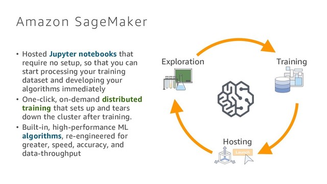 Amazon SageMaker
• Hosted Jupyter notebooks that
require no setup, so that you can
start processing your training
dataset and developing your
algorithms immediately
• One-click, on-demand distributed
training that sets up and tears
down the cluster after training.
• Built-in, high-performance ML
algorithms, re-engineered for
greater, speed, accuracy, and
data-throughput
Exploration Training
Hosting
