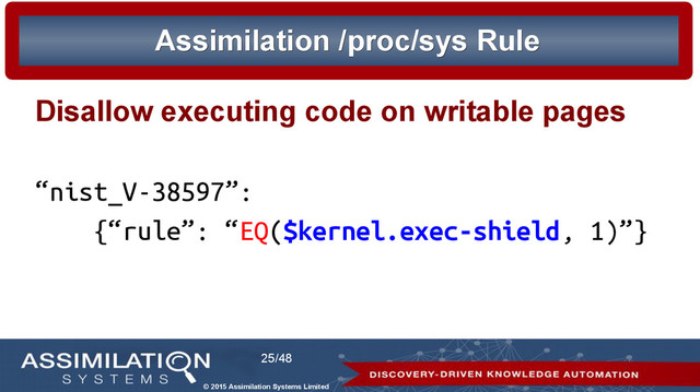 © 2015 Assimilation Systems Limited
25/48
Assimilation /proc/sys Rule
Assimilation /proc/sys Rule
Disallow executing code on writable pages
“nist_V-38597”:
{“rule”: “EQ($kernel.exec-shield, 1)”}
