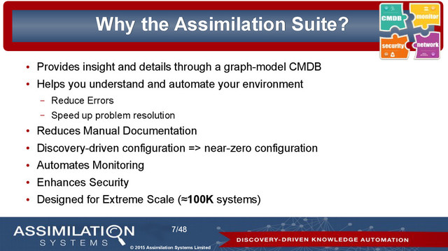 © 2015 Assimilation Systems Limited
7/48
Why
Why the Assimilation Suite?
the Assimilation Suite?
●
Provides insight and details through a graph-model CMDB
●
Helps you understand and automate your environment
– Reduce Errors
– Speed up problem resolution
●
Reduces Manual Documentation
●
Discovery-driven configuration => near-zero configuration
●
Automates Monitoring
●
Enhances Security
●
Designed for Extreme Scale (≈100K systems)
