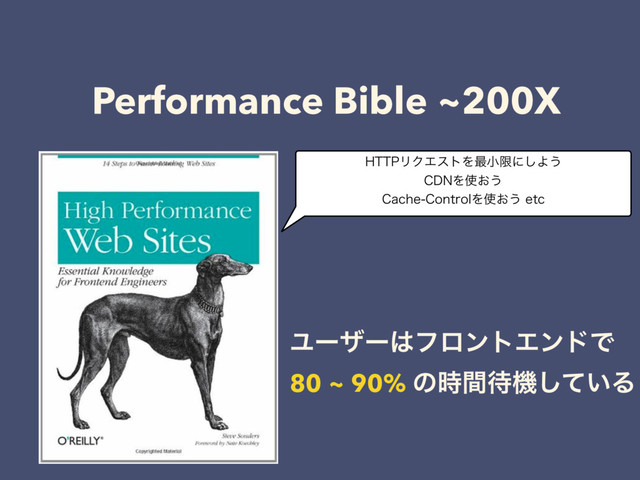 Performance Bible ~200X
)551ϦΫΤετΛ࠷খݶʹ͠Α͏
$%/Λ࢖͓͏
$BDIF$POUSPMΛ࢖͓͏FUD
Ϣʔβʔ͸ϑϩϯτΤϯυͰ
80 ~ 90% ͷ࣌ؒ଴ػ͍ͯ͠Δ
