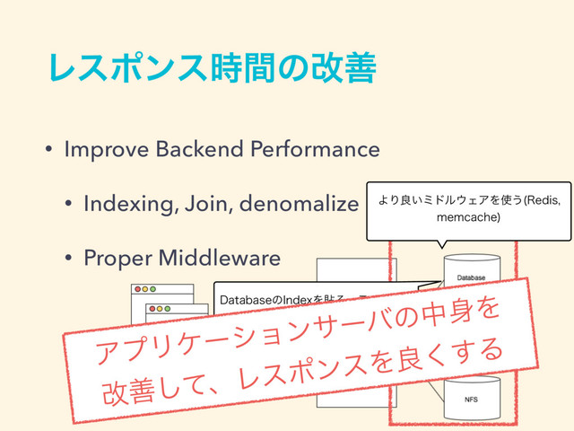 Ϩεϙϯε࣌ؒͷվળ
• Improve Backend Performance
• Indexing, Join, denomalize
• Proper Middleware
ΑΓྑ͍ϛυϧ΢ΣΞΛ࢖͏ 3FEJT
NFNDBDIF

%BUBCBTFͷ*OEFYΛషΔɺςʔϒϧΛ
δϣΠϯ͢Δɺඇਖ਼نԽ͢ΔFUD
ΞϓϦέʔγϣϯαʔόͷத਎Λ
վળͯ͠ɺϨεϙϯεΛྑ͘͢Δ
