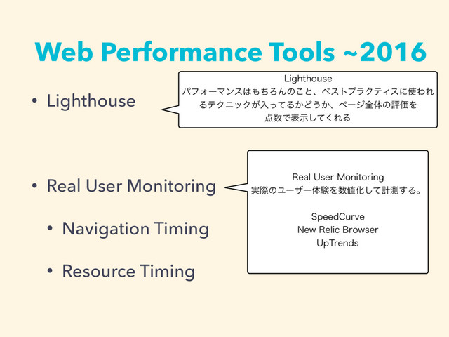 Web Performance Tools ~2016
• Lighthouse
• Real User Monitoring
• Navigation Timing
• Resource Timing
-JHIUIPVTF
ύϑΥʔϚϯε͸΋ͪΖΜͷ͜ͱɺϕετϓϥΫςΟεʹ࢖ΘΕ
ΔςΫχοΫ͕ೖͬͯΔ͔Ͳ͏͔ɺϖʔδશମͷධՁΛ
఺਺Ͱදࣔͯ͘͠ΕΔ
3FBM6TFS.POJUPSJOH
࣮ࡍͷϢʔβʔମݧΛ਺஋Խͯ͠ܭଌ͢Δɻ

4QFFE$VSWF
/FX3FMJD#SPXTFS
6Q5SFOET
