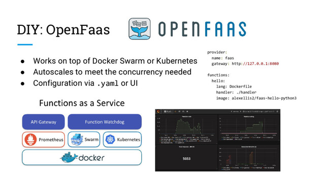 DIY: OpenFaas
● Works on top of Docker Swarm or Kubernetes
● Autoscales to meet the concurrency needed
● Configuration via .yaml or UI
provider:
name: faas
gateway: http://127.0.0.1:8080
functions:
hello:
lang: Dockerfile
handler: ./handler
image: alexellis2/faas-hello-python3
