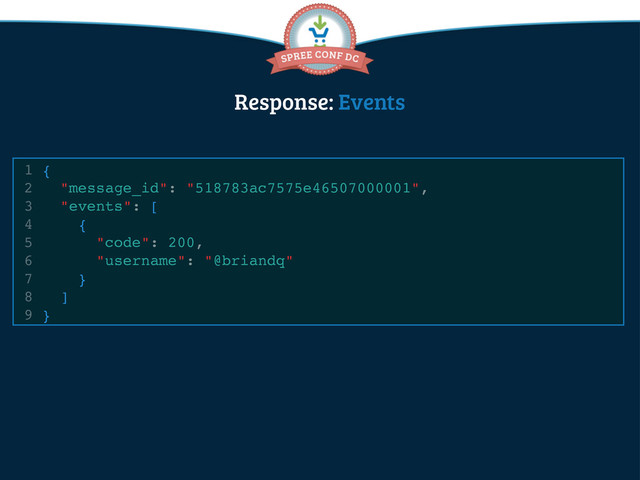 1 {
2 "message_id": "518783ac7575e46507000001",
3 "events": [
4 {
5 "code": 200,
6 "username": "@briandq"
7 }
8 ]
9 }
Response: Events
