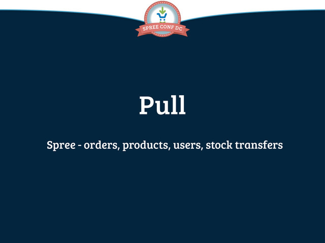 Pull
Spree - orders, products, users, stock transfers
