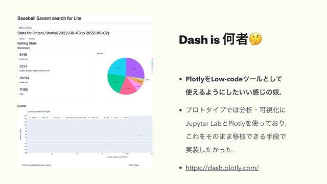 Dash is Կऀ🤔
• PlotlyΛLow-codeπʔϧͱͯ͠
 
࢖͑ΔΑ͏ʹ͍͍ͨ͠ײ͡ͷౕ.


• ϓϩτλΠϓͰ͸෼ੳɾՄࢹԽʹ
 
Jupyter LabͱPlotlyΛ࢖͓ͬͯΓ,
 
͜ΕΛͦͷ··Ҡ২Ͱ͖ΔखஈͰ
 
࣮૷͔ͨͬͨ͠.


• https://dash.plotly.com/
