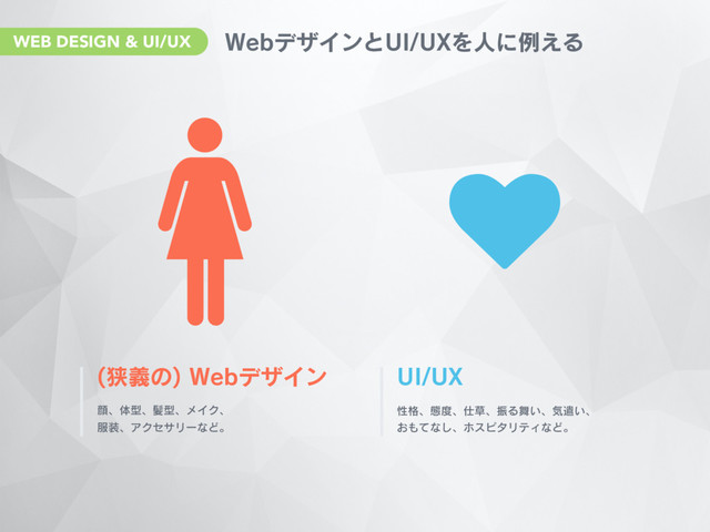 ♥
8FCσβΠϯͱ6*69Λਓʹྫ͑Δ
ڱٛͷ
8FCσβΠϯ
إɺମܕɺ൅ܕɺϝΠΫɺ
෰૷ɺΞΫηαϦʔͳͲɻ
6*69
ੑ֨ɺଶ౓ɺ࢓૲ɺৼΔ෣͍ɺؾݣ͍ɺ
͓΋ͯͳ͠ɺϗεϐλϦςΟͳͲɻ
WEB DESIGN & UI/UX
