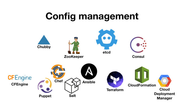 Conﬁg management
Chubby
Consul
etcd
ZooKeeper
CFEngine
Chef
Puppet Salt
Ansible
Terraform
CloudFormation
Cloud 
Deployment
Manager
