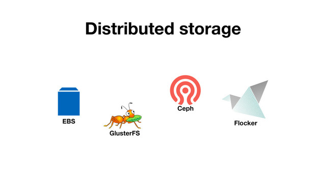 Distributed storage
EBS
Ceph
GlusterFS
Flocker
