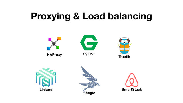 Proxying & Load balancing
HAProxy nginx+
Traeﬁk
SmartStack
Finagle
Linkerd
