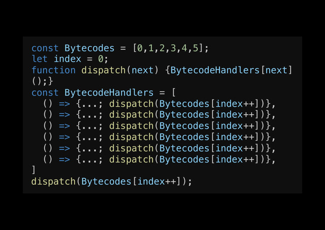 const Bytecodes = [0,1,2,3,4,5];!
let index = 0;!
function dispatch(next) {BytecodeHandlers[next]
();}!
const BytecodeHandlers = [!
() => {...; dispatch(Bytecodes[index++])},!
() => {...; dispatch(Bytecodes[index++])},!
() => {...; dispatch(Bytecodes[index++])},!
() => {...; dispatch(Bytecodes[index++])},!
() => {...; dispatch(Bytecodes[index++])},!
() => {...; dispatch(Bytecodes[index++])},!
]!
dispatch(Bytecodes[index++]);!
