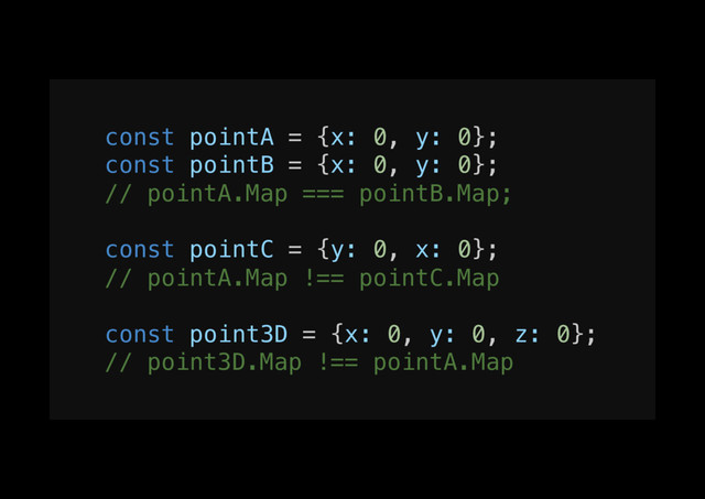const pointA = {x: 0, y: 0};!
const pointB = {x: 0, y: 0};!
// pointA.Map === pointB.Map;!
!
const pointC = {y: 0, x: 0};!
// pointA.Map !== pointC.Map!
!
const point3D = {x: 0, y: 0, z: 0};!
// point3D.Map !== pointA.Map!
