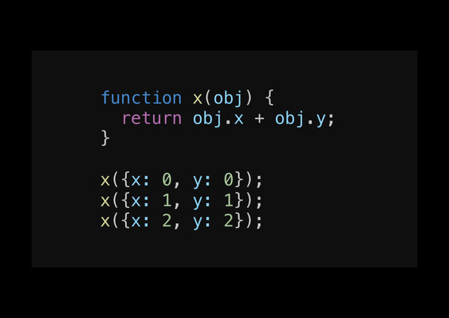function x(obj) {!
return obj.x + obj.y;!
}!
!
x({x: 0, y: 0});!
x({x: 1, y: 1});!
x({x: 2, y: 2});!
