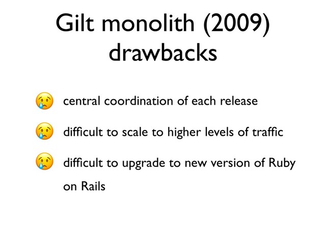 Gilt monolith (2009)
drawbacks
• central coordination of each release
• difﬁcult to scale to higher levels of trafﬁc
• difﬁcult to upgrade to new version of Ruby
on Rails

