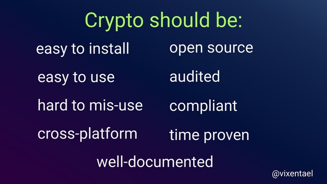Crypto should be:
cross-platform
easy to install
easy to use audited
open source
time proven
well-documented
compliant
hard to mis-use
@vixentael
