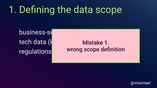 1. Deﬁning the data scope
business-sensitive data
regulations, compliance
tech data (keys, logs, backups, tokens..)
@vixentael
Mistake 1.
wrong scope deﬁnition
