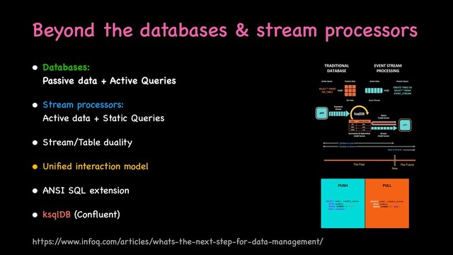 Beyond the databases & stream processors
• Databases:
 
Passive data + Active Queries
• Stream processors:
 
Active data + Static Querie
s

• Stream/Table dualit
y

• Uni
fi
ed interaction mode
l

• ANSI SQL extensio
n

• ksqlDB (Con
fl
uent)
https:/
/www.infoq.com/articles/whats-the-next-step-for-data-management/
