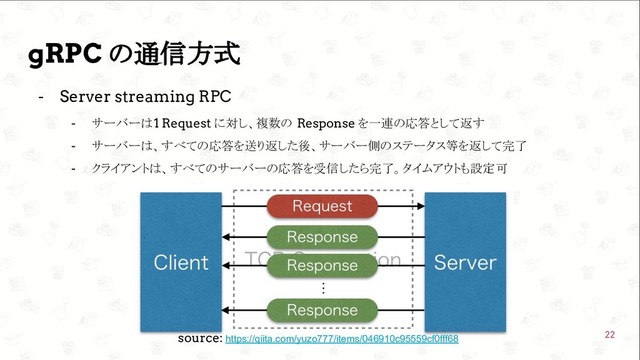  GoConference’19 
gRPC の通信方式
- Server streaming RPC
- サーバーは1 Request に対し、複数の Response を一連の応答として返す
- サーバーは、すべての応答を送り返した後、サーバー側のステータス等を返して完了
- クライアントは、すべてのサーバーの応答を受信したら完了。タイムアウトも設定可
22
source: https://qiita.com/yuzo777/items/046910c95559cf0fff68
