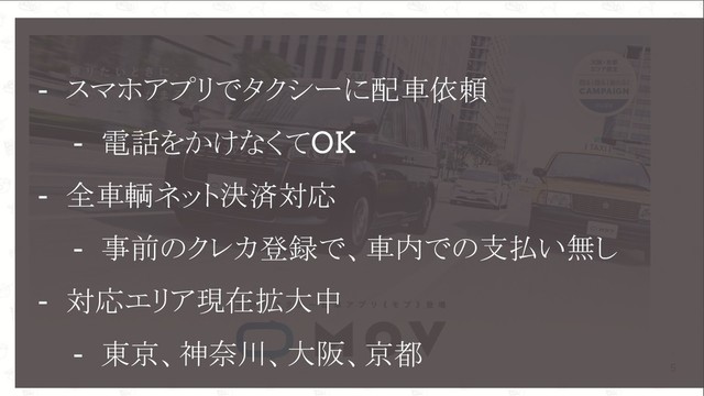  GoConference’19 
5
- スマホアプリでタクシーに配車依頼
- 電話をかけなくてOK
- 全車輌ネット決済対応
- 事前のクレカ登録で、車内での支払い無し
- 対応エリア現在拡大中
- 東京、神奈川、大阪、京都
