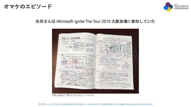 オマケのエピソード
【出典】ボトムアップで始めた小さな活動が全社的な取り組みに――Power Platform で市民開発を推進するトヨタ自動車 - News Center Japan (microsoft.com)
永田さんは Microsoft Ignite The Tour 2019 大阪会場に参加していた
