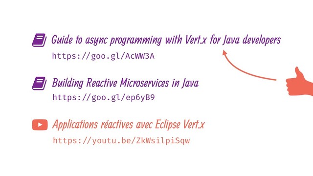 https: //youtu.be/ZkWsilpiSqw
, Applications réactives avec Eclipse Vert.x
- Building Reactive Microservices in Java
https: //goo.gl/ep6yB9
- Guide to async programming with Vert.x for Java developers
https: //goo.gl/AcWW3A
