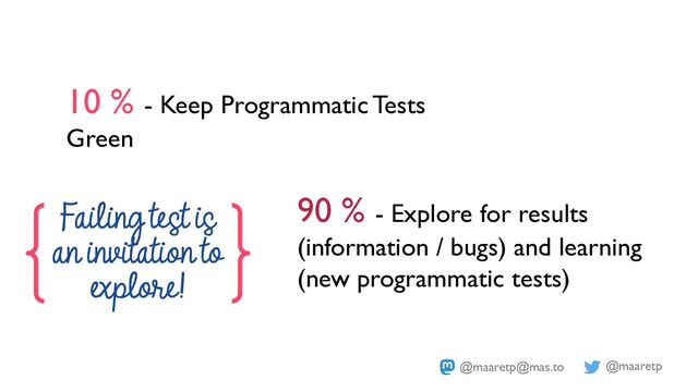 @maaretp
@maaretp@mas.to
10 % - Keep Programmatic Tests
Green
90 % - Explore for results
(information / bugs) and learning
(new programmatic tests)
Failing test is
an invitation to
explore!
