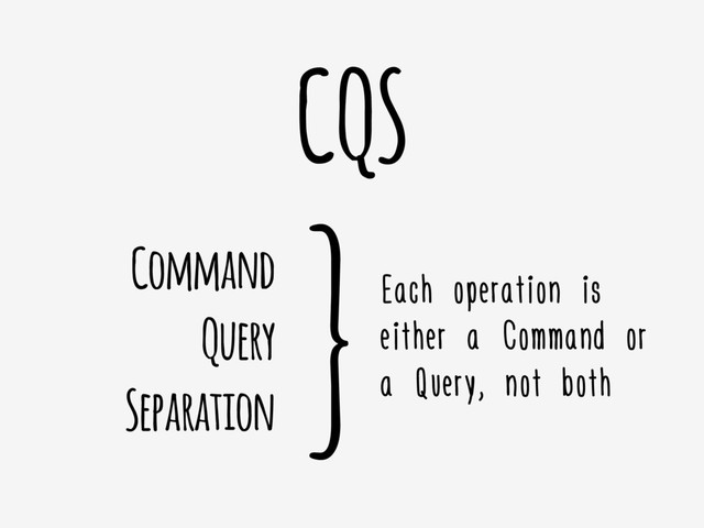 CQS
Command
Query
Separation
}Each operation is
either a Command or
a Query, not both
