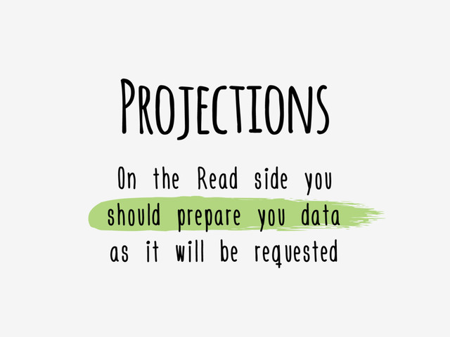 Projections
On the Read side you
should prepare you data
as it will be requested
