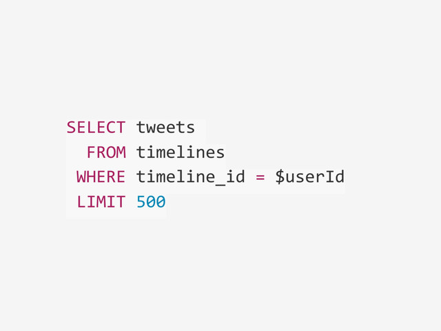 SELECT	  tweets	  
	  	  FROM	  timelines	  
	  WHERE	  timeline_id	  =	  $userId	  
	  LIMIT	  500
