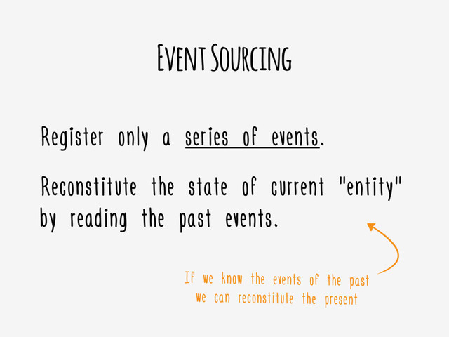 Event Sourcing
Register only a series of events.
Reconstitute the state of current "entity"
by reading the past events.
If we know the events of the past
we can reconstitute the present
