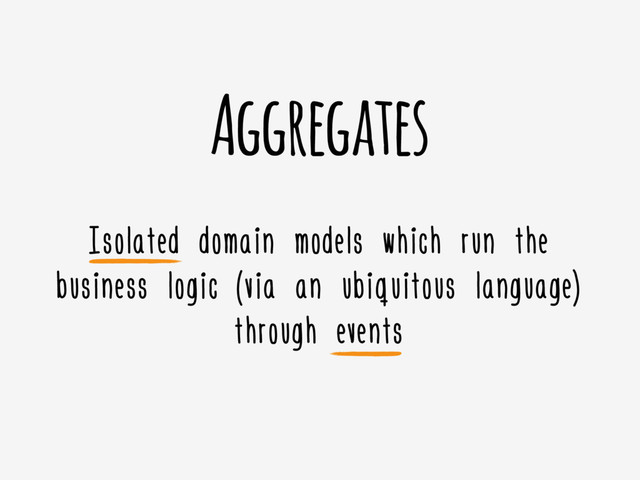 Aggregates
Isolated domain models which run the
business logic (via an ubiquitous language)
through events
